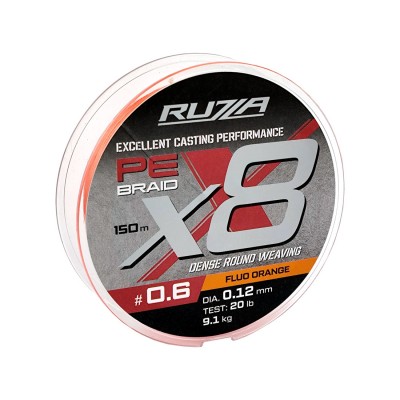 RUZZA Шнур X8 150м Fluo Orange 0,12мм 9,1кг/20lb