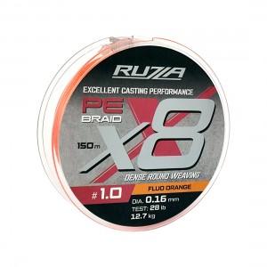 RUZZA Шнур X8 150м Fluo Orange 0,16мм 12,7кг/28lb
