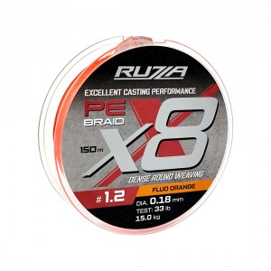 RUZZA Шнур X8 150м Fluo Orange 0,18мм 15кг/33lb