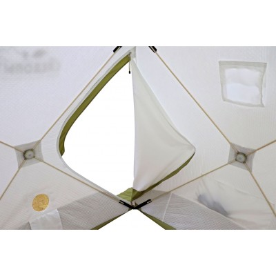 Палатка зимняя куб СЛЕДОПЫТ "Premium" 2,4х2,4 м, S по полу 5,7  кв.м, 3 слоя, цв. оливковый/белый