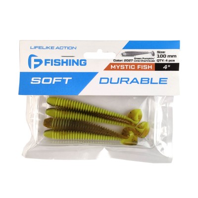 F-FISHING Виброхвост Mystic Fish 4" #2027 Green Pumpkin/Lime Chartreuse 10см 4шт