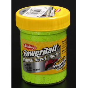 BERKLEY Паста форелевая печень ярко светло зеленая PowerBait Natural Glitter Trout Bait Liver Chartr