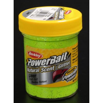 BERKLEY Паста форелевая печень ярко светло зеленая PowerBait Natural Glitter Trout Bait Liver Chartr